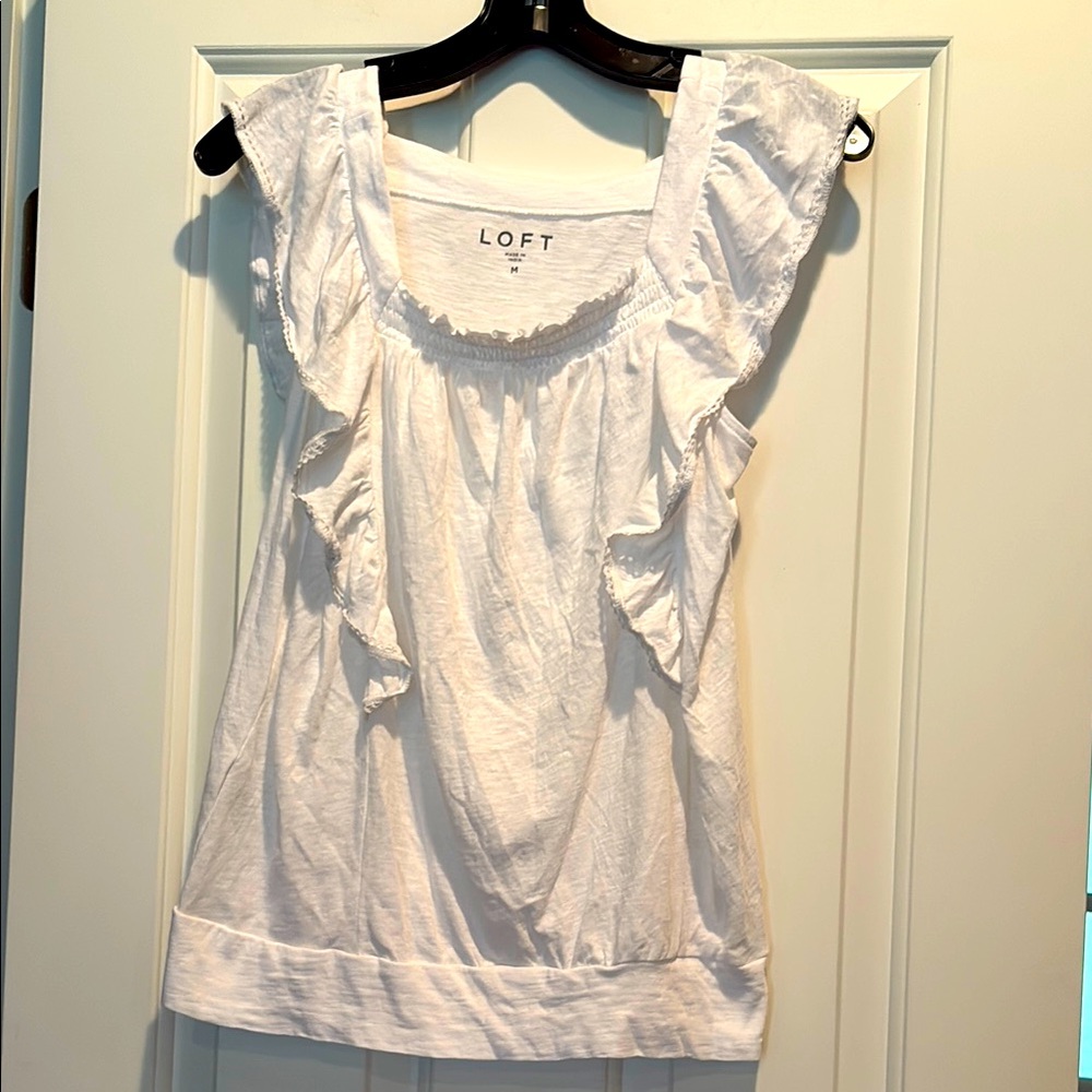 Loft white cotton blouse with flutter sleeves, like new, size M